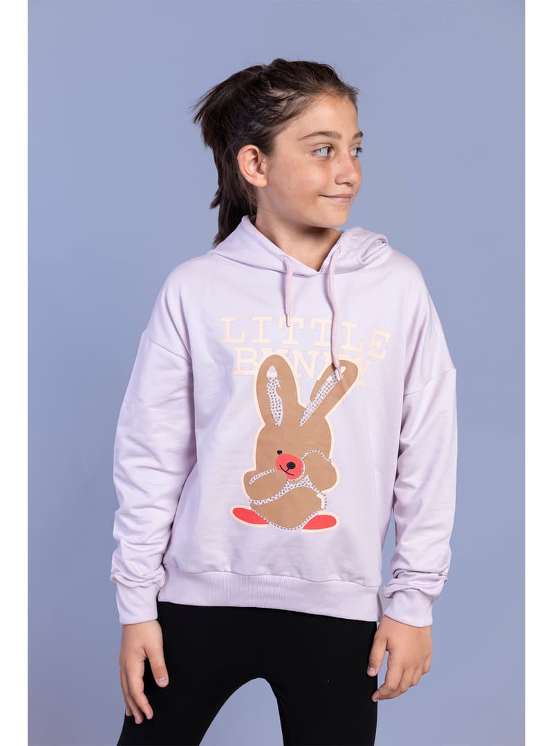 Kız Çocuk Tavşan Baskılı Kapüşonlu Sweatshirt Toz Pembe