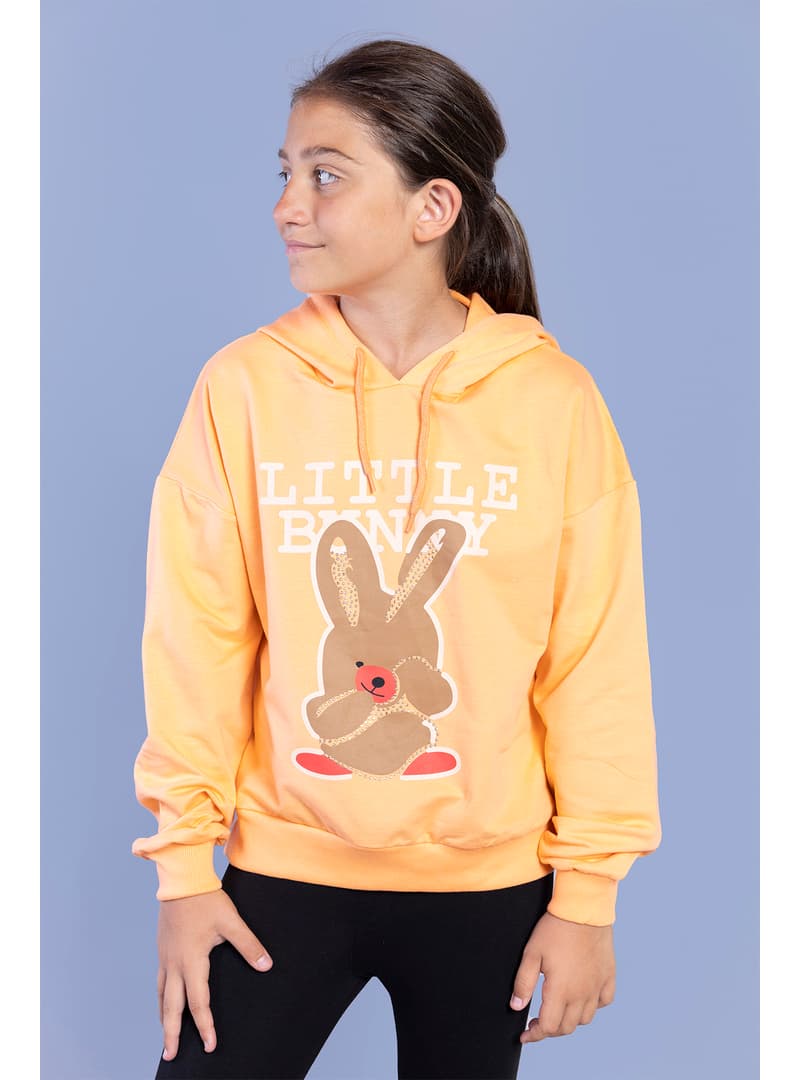 Kız Çocuk Tavşan Baskılı Kapüşonlu Sweatshirt - Turuncu
