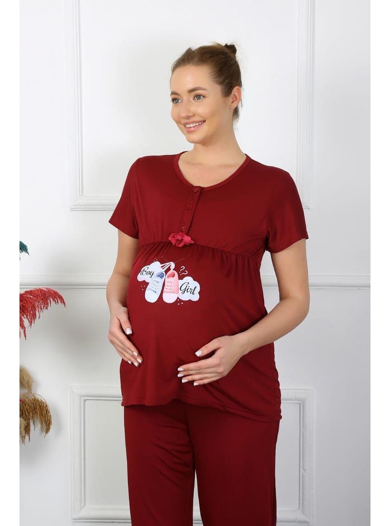 Akbeniz Kadın Kısa Kol Hamile Lohusa Pijama Takımı Bordo
