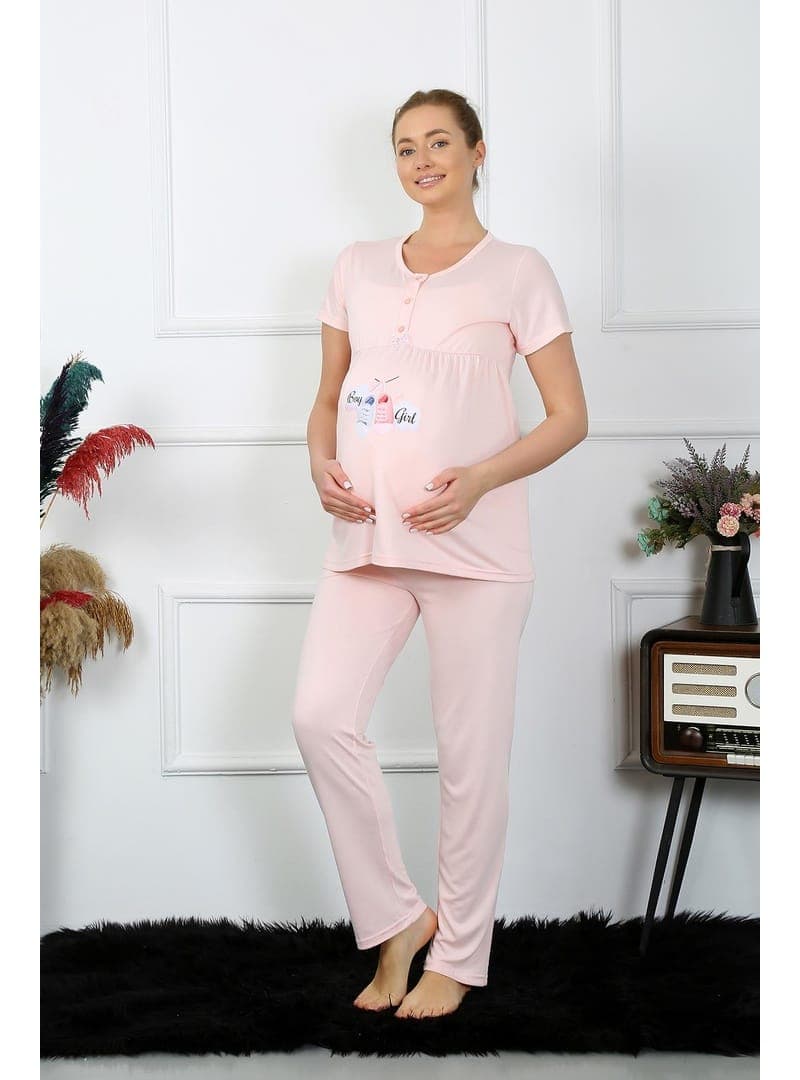Akbeniz Kadın Kısa Kol Hamile Lohusa Pijama Takımı Pudra