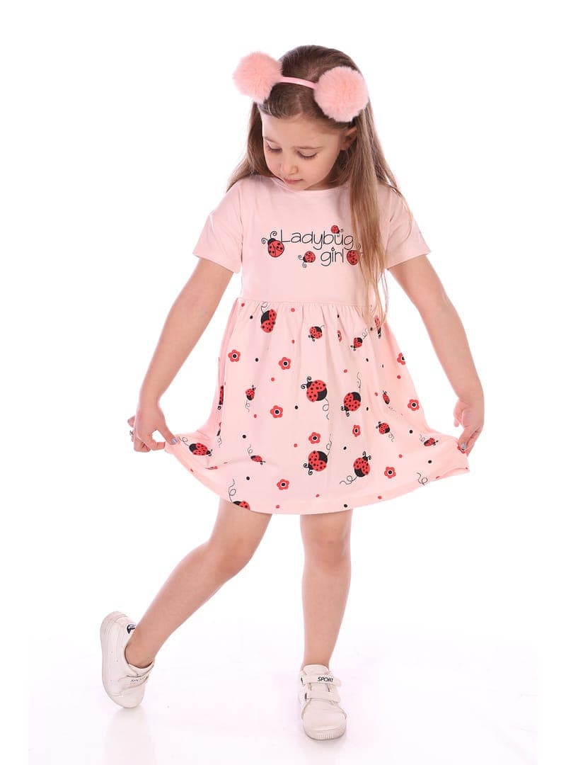 Uğur Böcekli Kız Bebek Elbise Pudra
