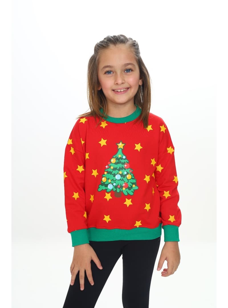 Kız Çocuk Yılbaşı Ağacı Desenli Sweatshirt Kırmızı