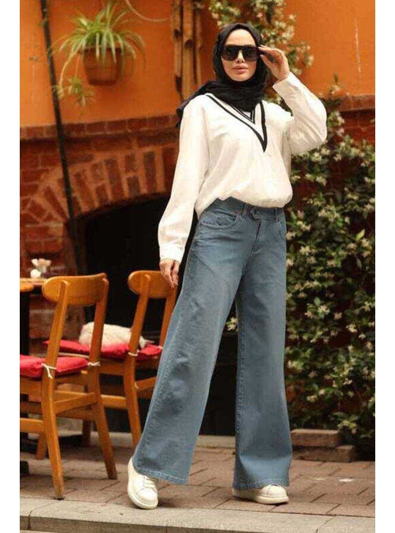 Bol Paça Denim Pantolon Mavi