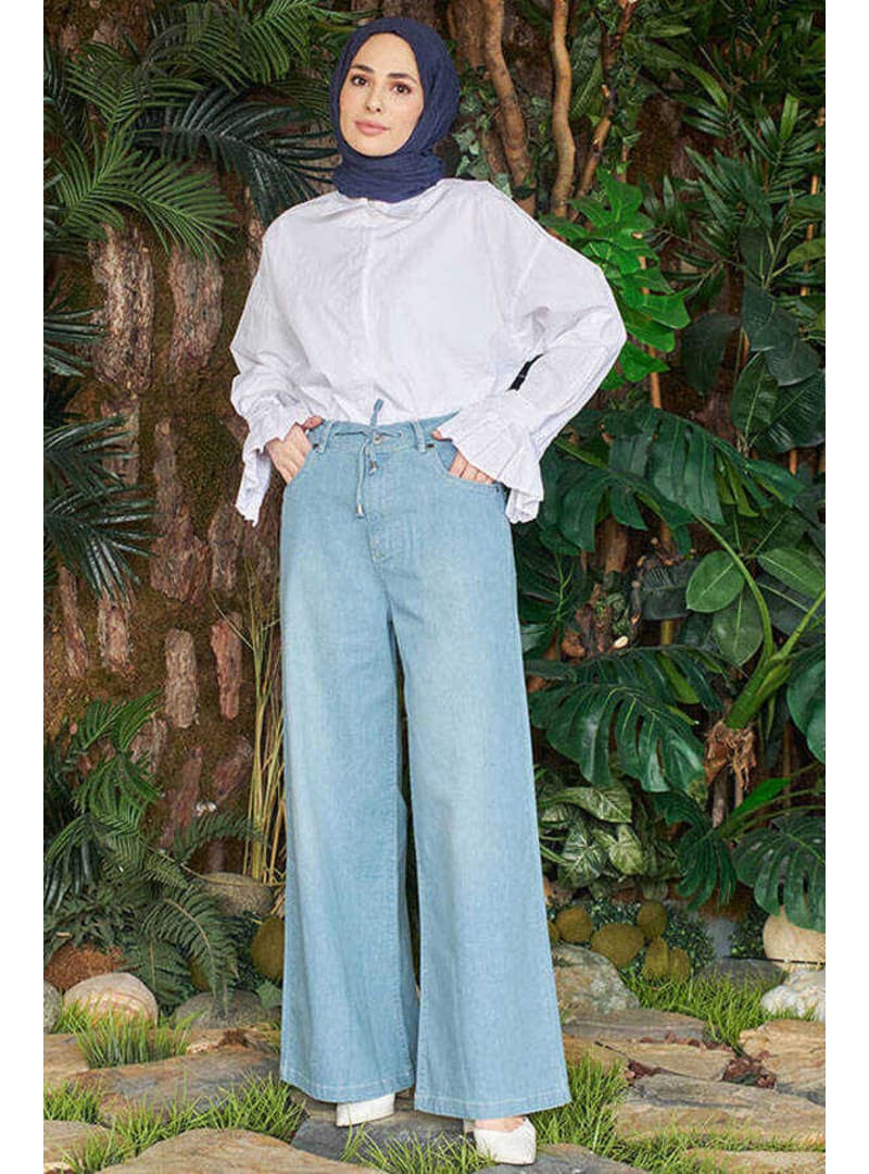 Bol Paça Bağcıklı Denim Pantolon Mavi