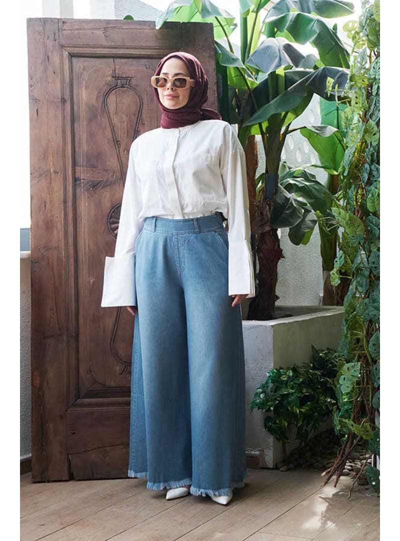 Denim Püsküllü Pantolon Etek Açık Mavi