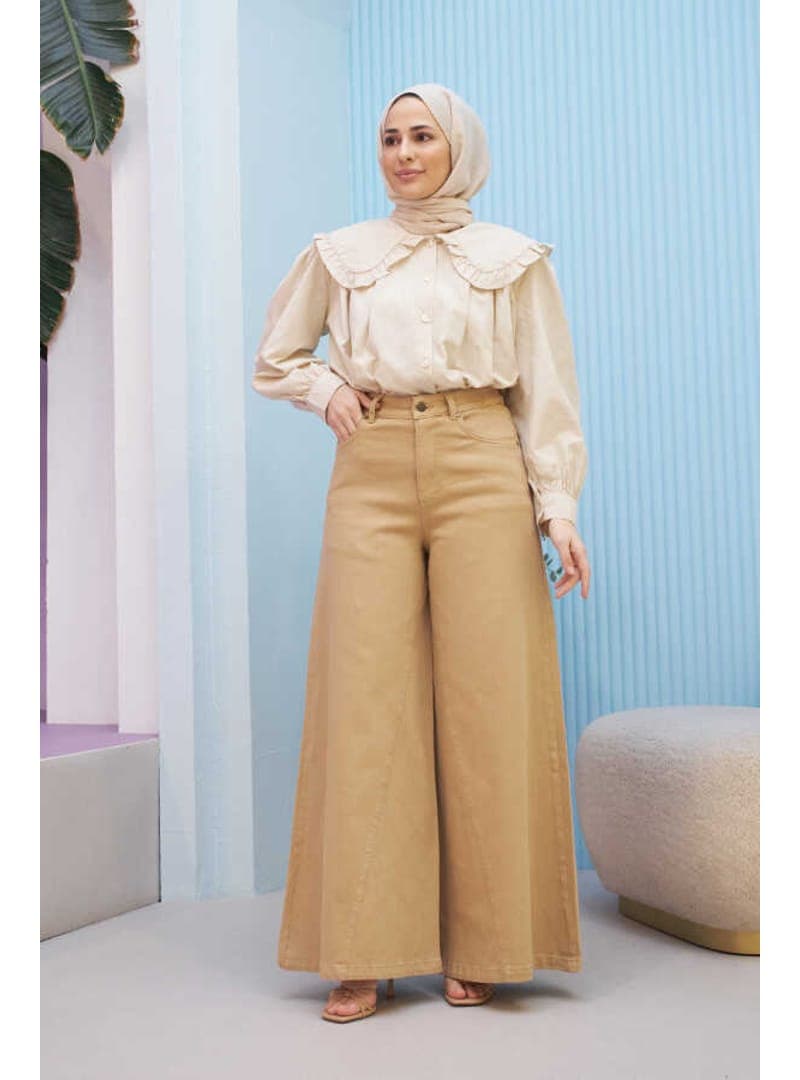 Gabardin Pantolon Etek Geniş Paça Bej