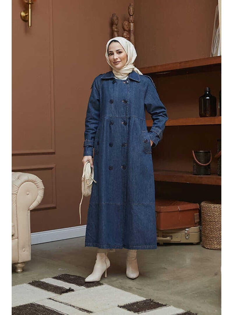 Reglan Kollu Süs Pileli Denim Ceket Koyu Mavi