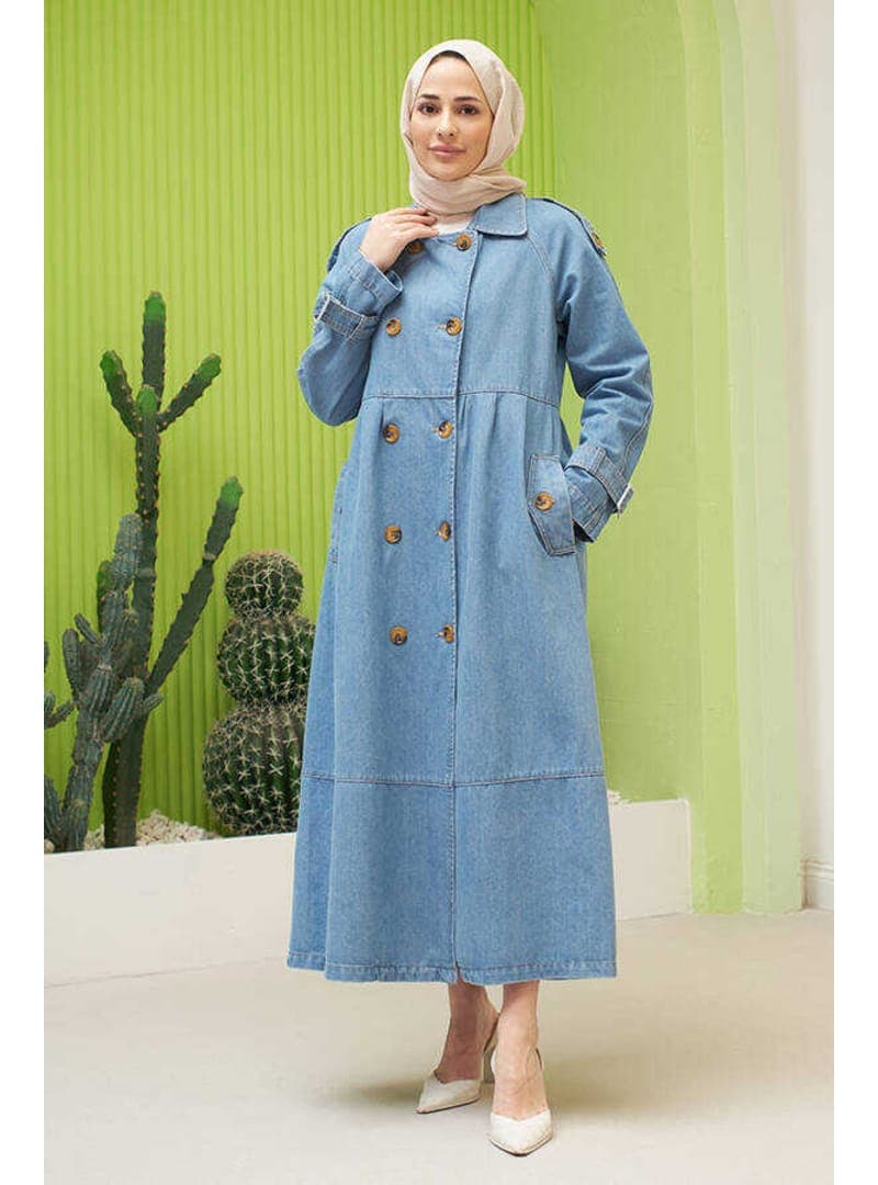 Reglan Kollu Pileli Denim Ceket Mavi