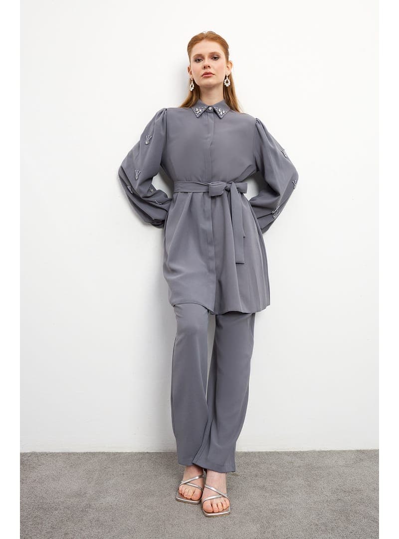 Tunik Pantolon Takım Taş İşlemeli Gri