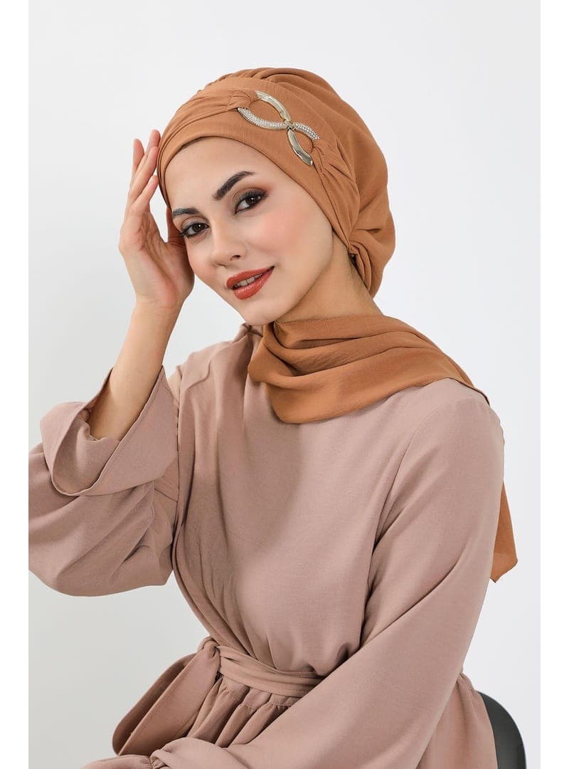 Metal Aksesuarlı Hazır Türban Camel