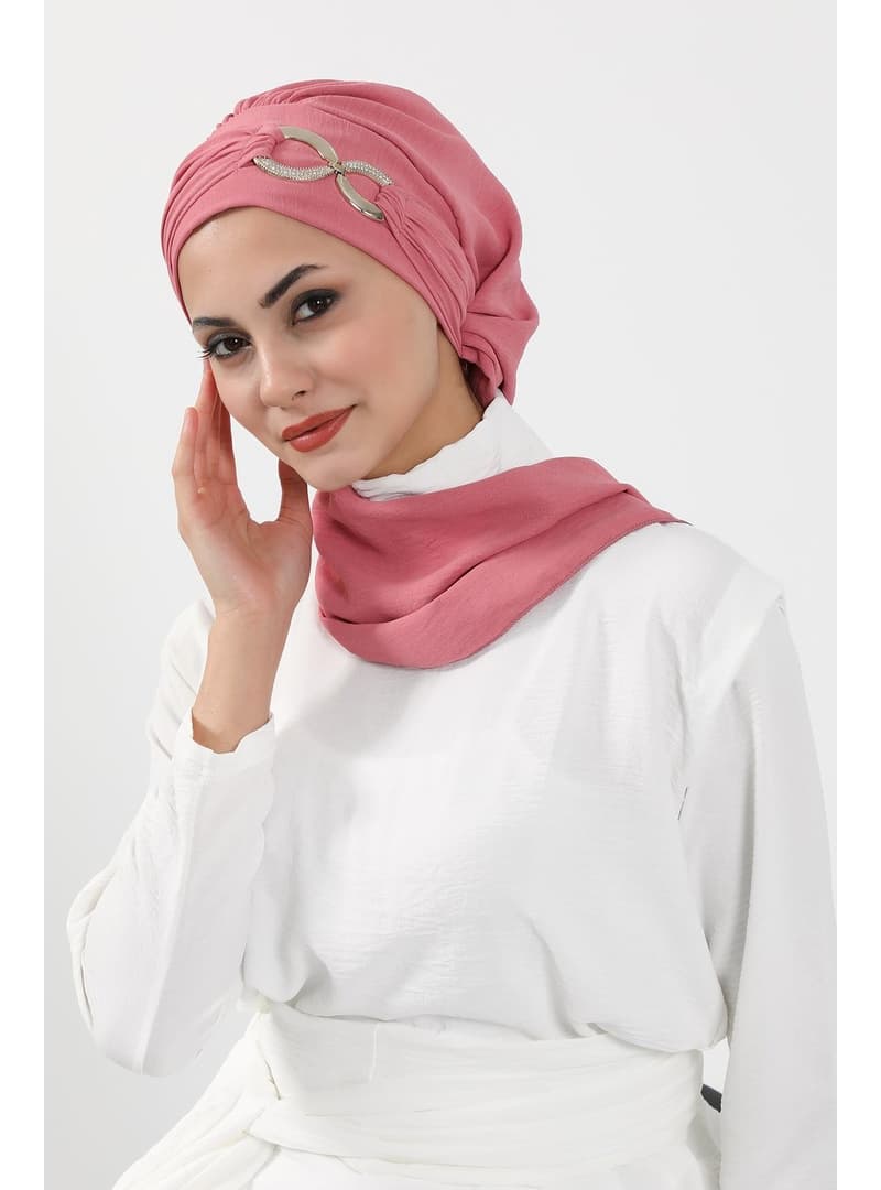 Metal Aksesuarlı Hazır Türban Koyu Pembe