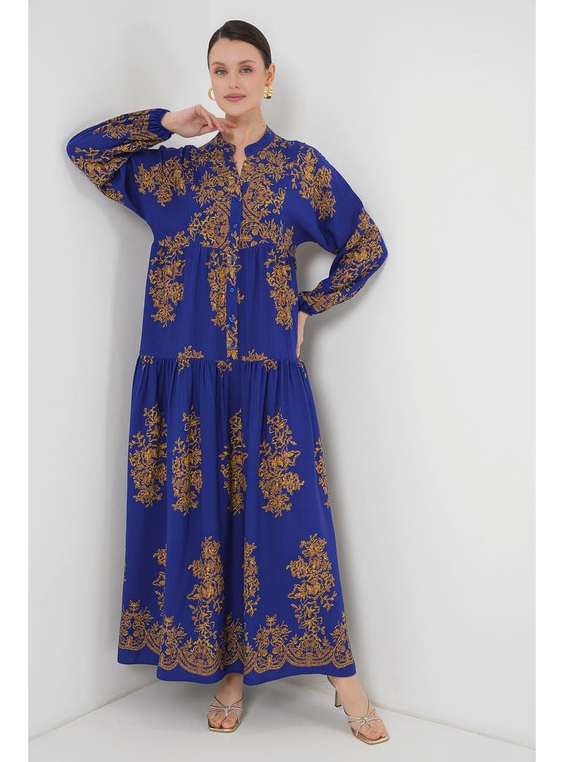Saks Gold Desenli Tesettür Elbise Mor