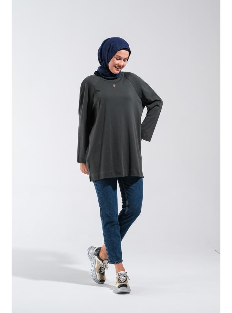 Reglan Kollu Basic Tunik Baskılı Rahat Yeşil