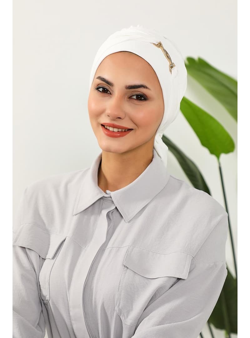Aksesuar Detaylı Hazır Türban Ekru