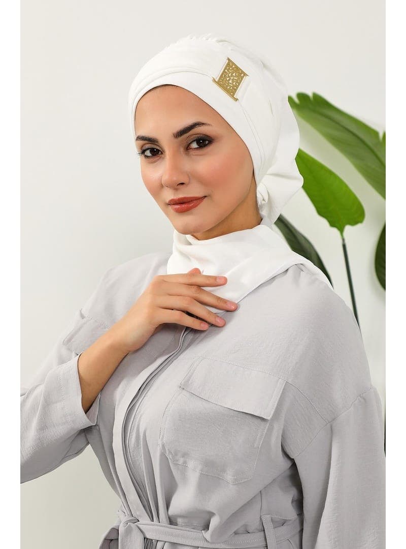 Ekru Gold Aksesuarlı Hazır Türban