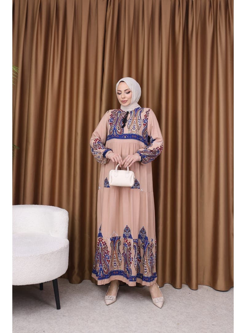 Şal Desen Elbise Camel