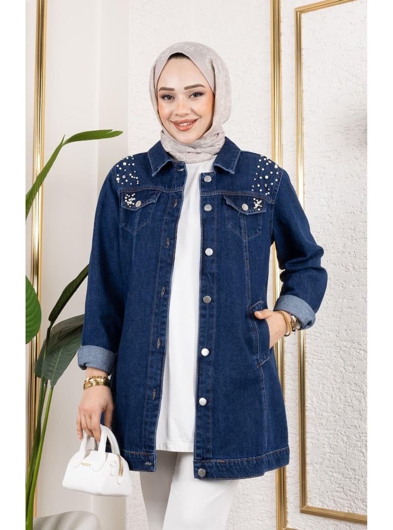 Boncuk İşlemeli Denim Ceket Lacivert