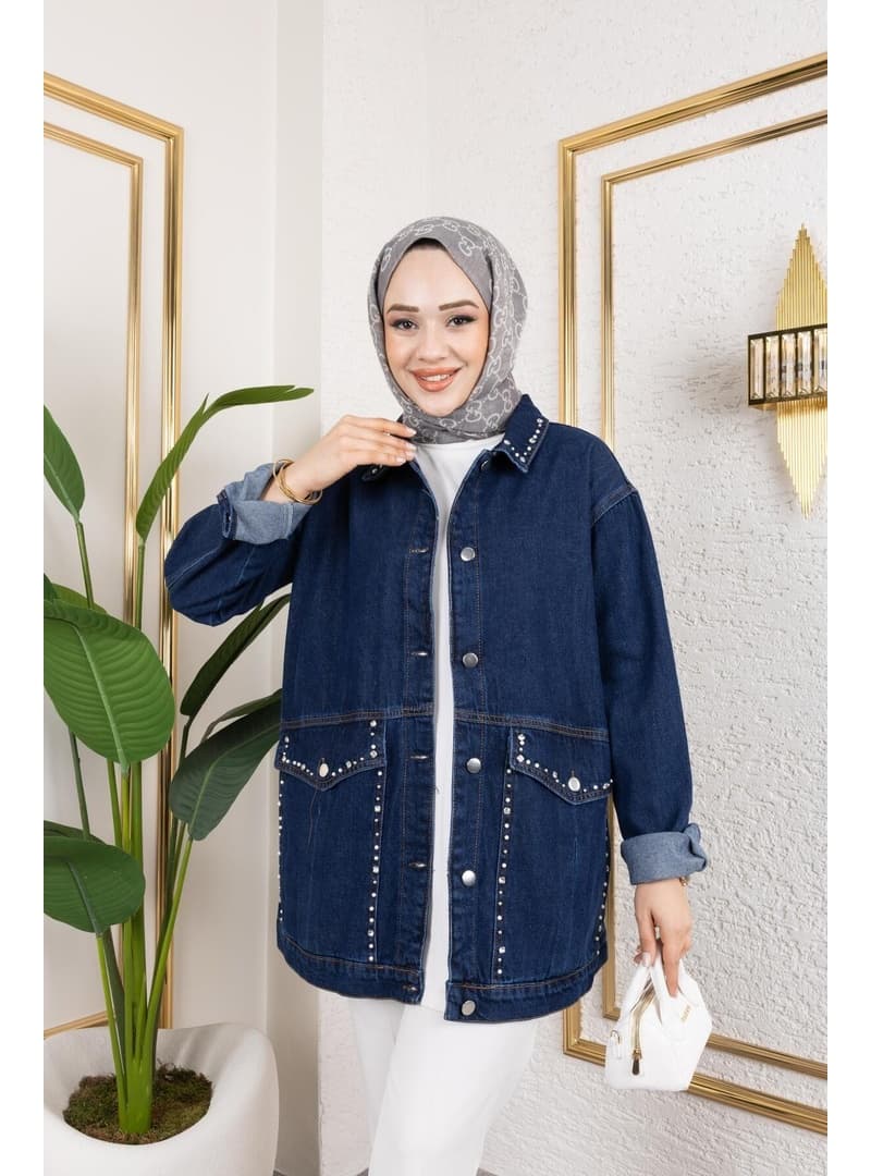 Taş İşlemeli Denim Ceket Lacivert