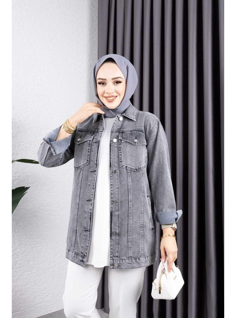 Kadın Gri Kar Yıkamalı Cepli Denim Kot Ceket