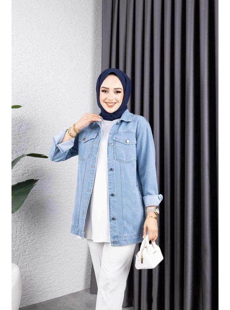 Buz Mavisi Kar Yıkamalı Denim Ceket