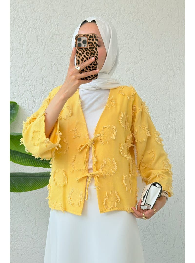 Yama Yırtık Detaylı Kimono Hardal