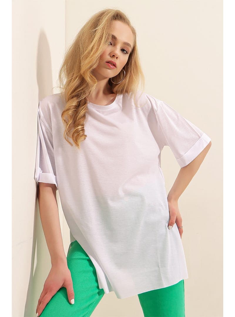 Yırtmaçlı Oversize Pamuklu Tişört Beyaz