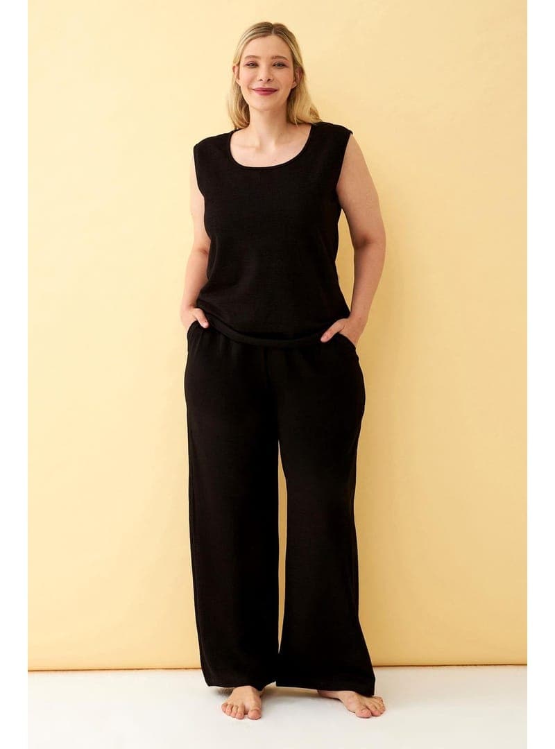 Siyah Keten Jakarlı Büyük Beden Pijama Takım