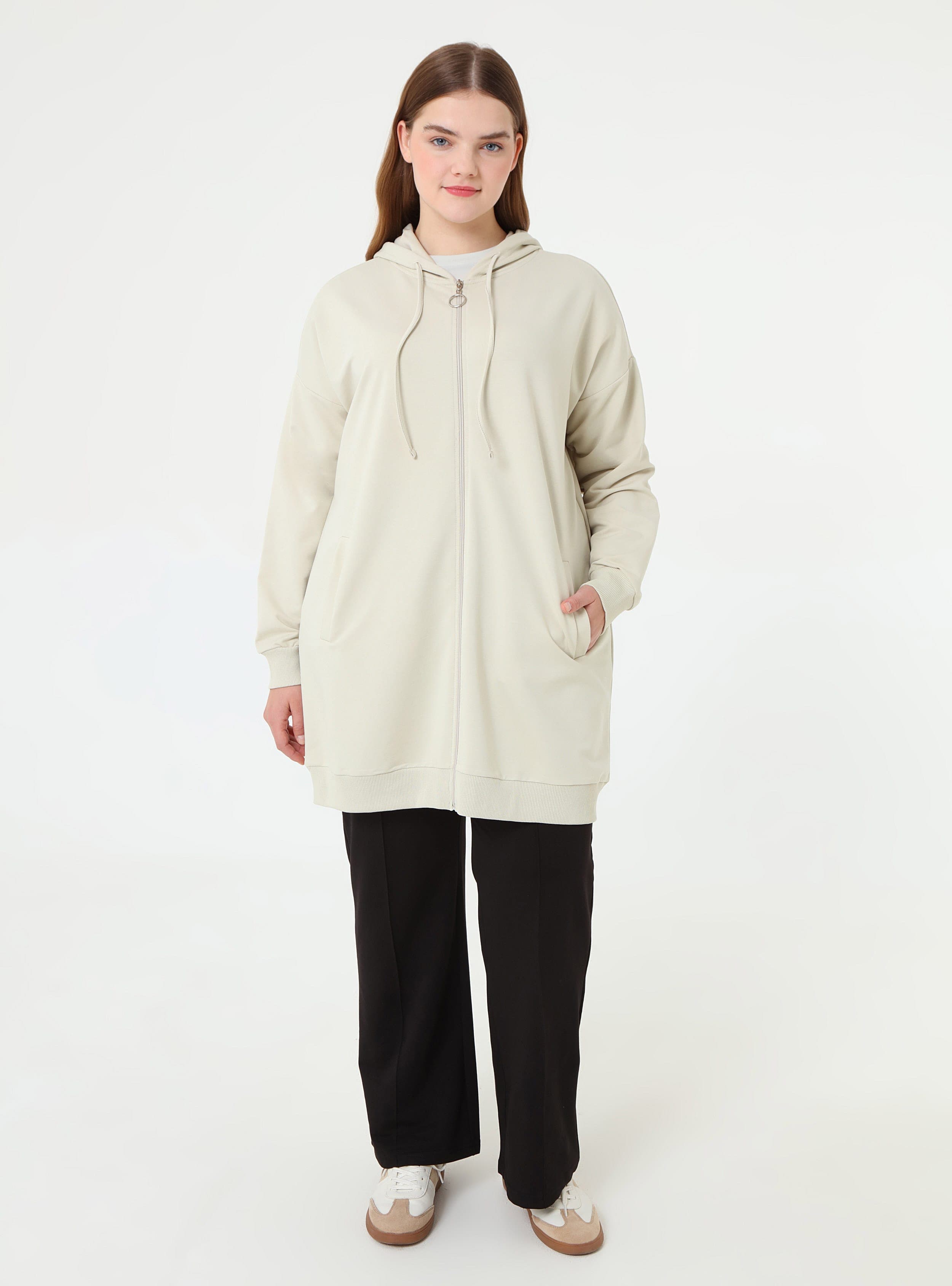 Fermuarlı Kapüşonlu Spor Büyük Beden Sweatshirt Tas Rengi