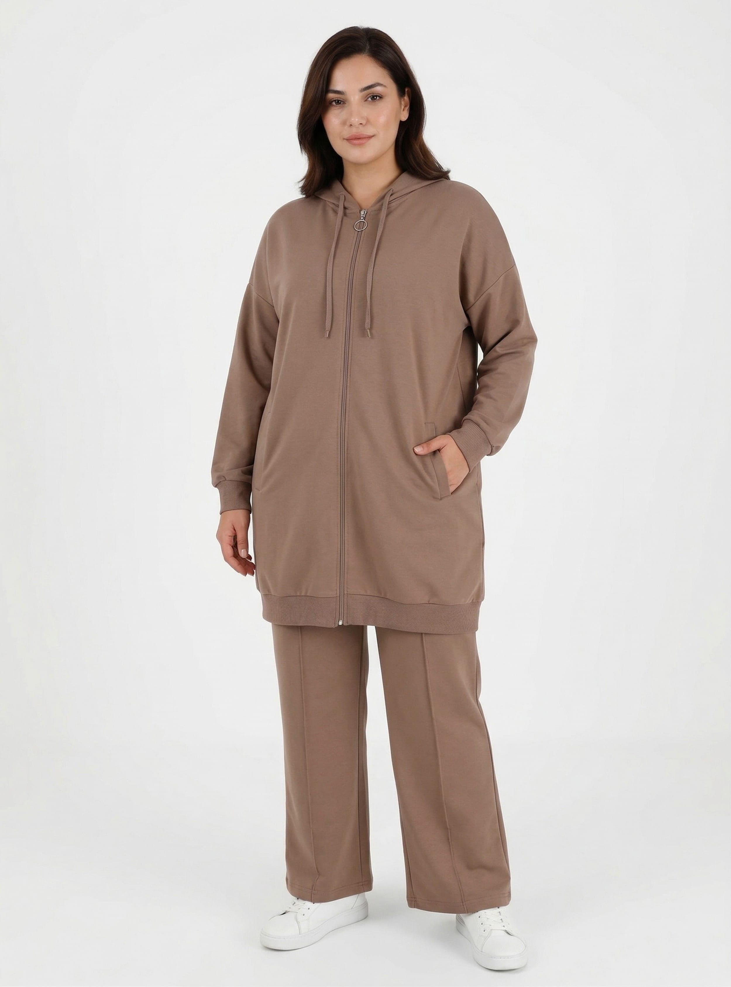 Fermuarlı Kapüşonlu Spor Büyük Beden Sweatshirt Vizon Alia