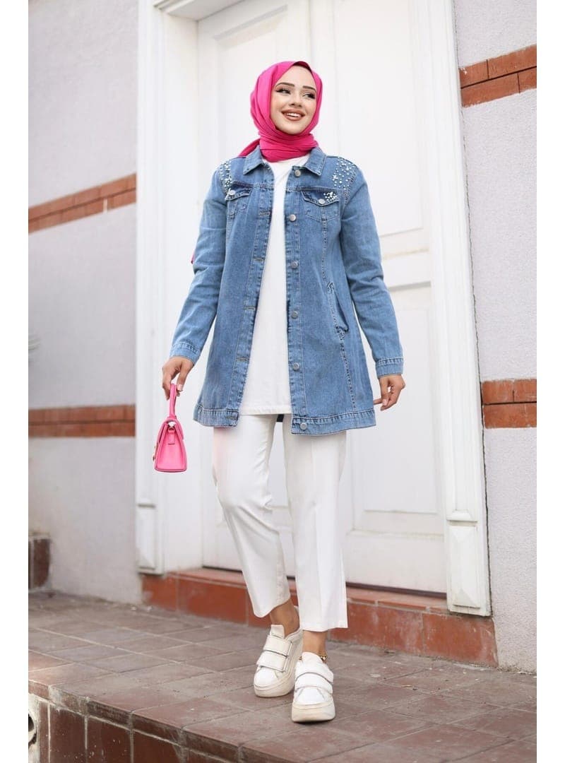 Boncuk İşlemeli Denim Ceket Mavi