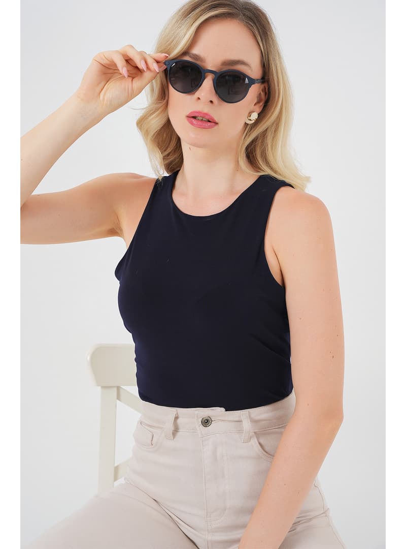 Halter Yaka Çıtçıtlı Body - Lacivert