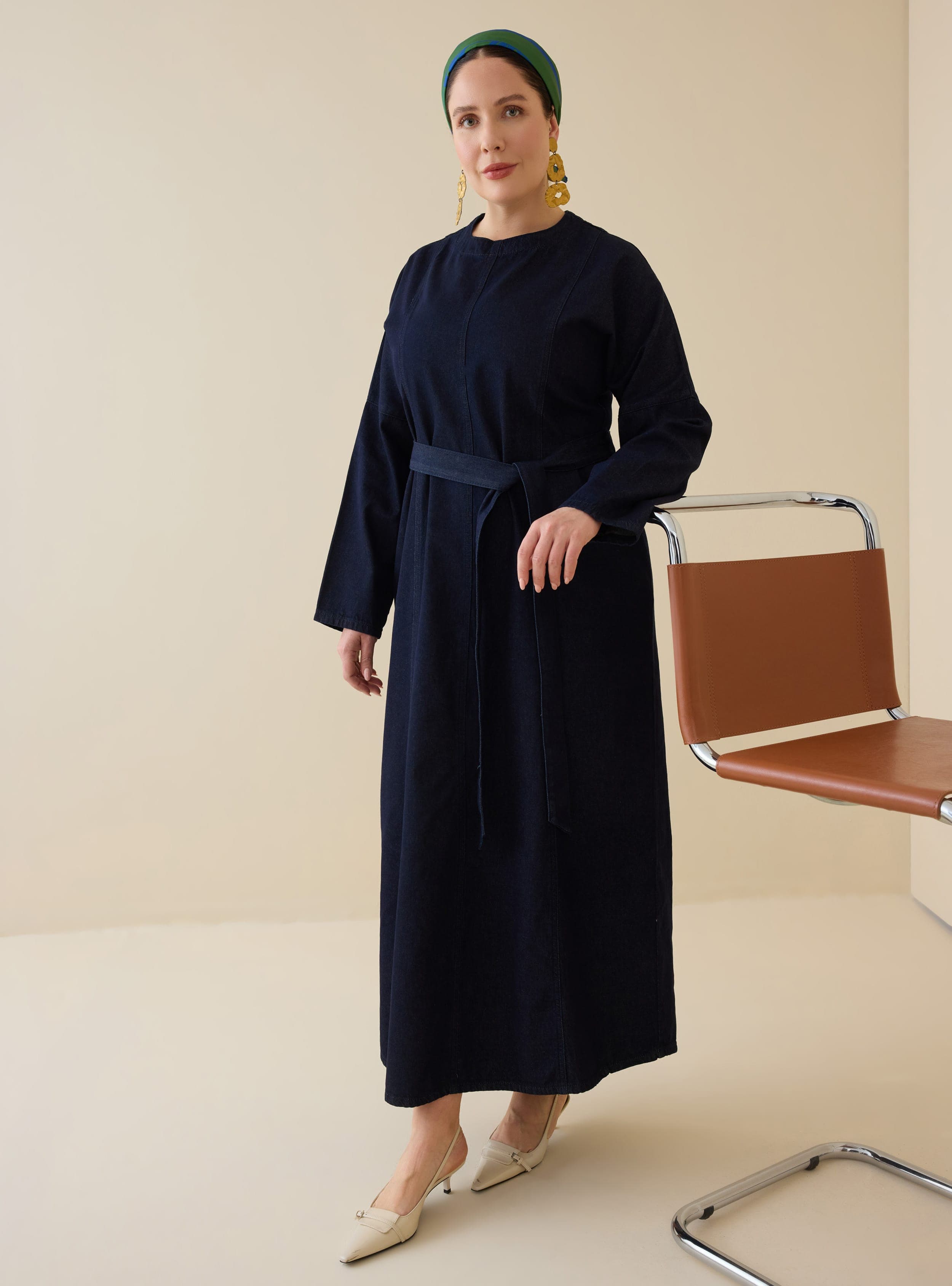 Kuşak Detaylı Denim Elbise - Koyu Lacivert