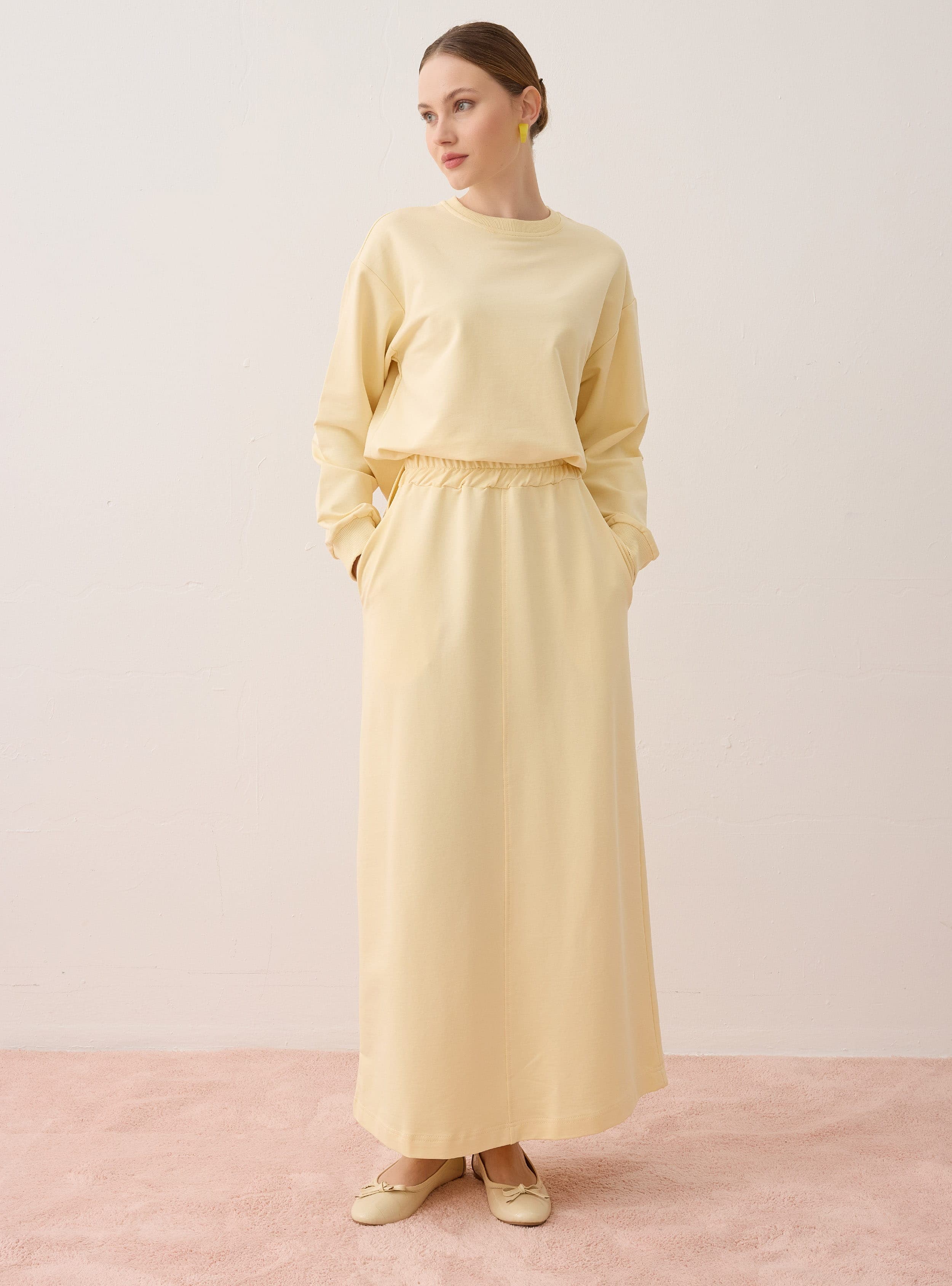 Basic Sweatshirt Uzun Etek İkili Takım Açık Sarı