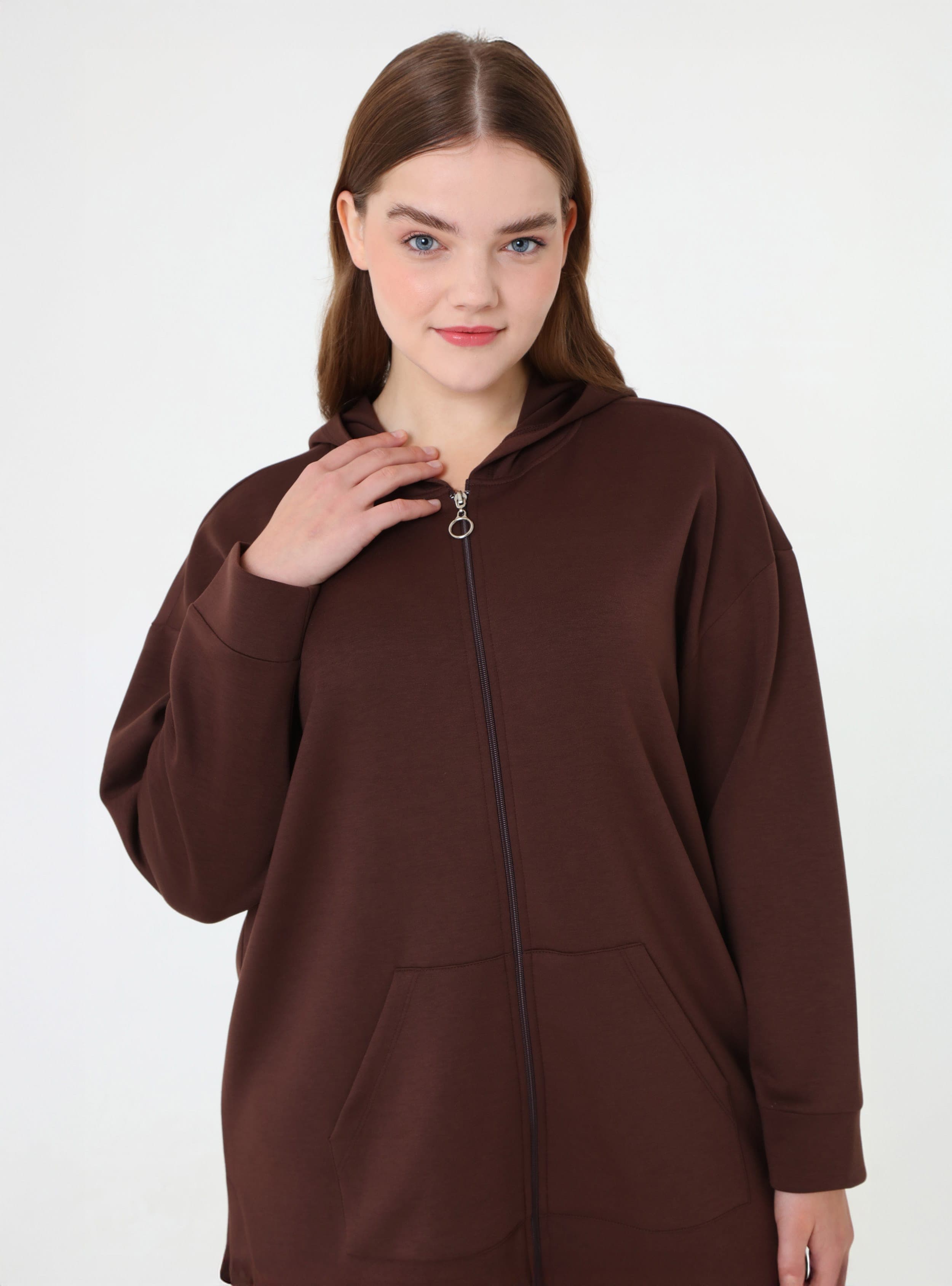 Fermuarlı Kapüşonlu Spor Sweatshirt Pantolon Büyük Beden Takım Kahverengi