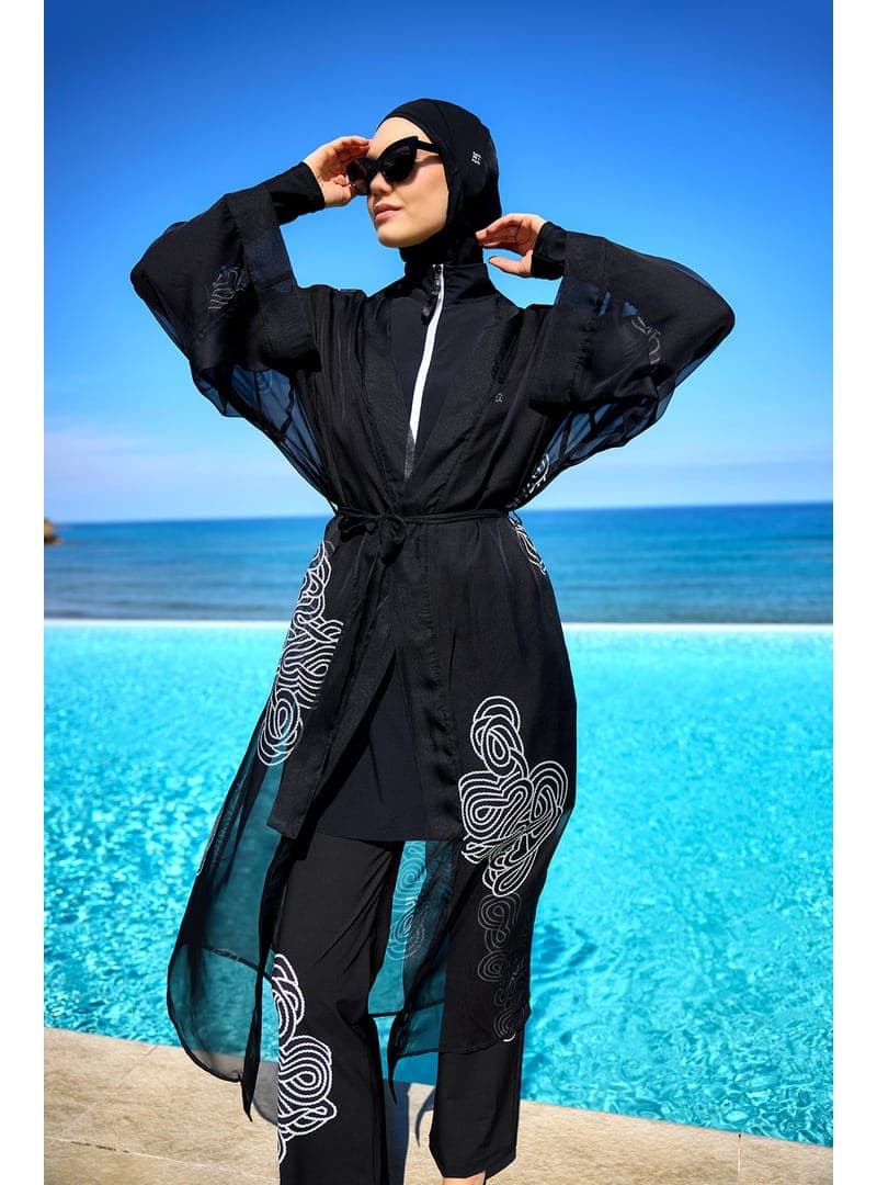 Siyah Damask Desenli Şifon Kimono