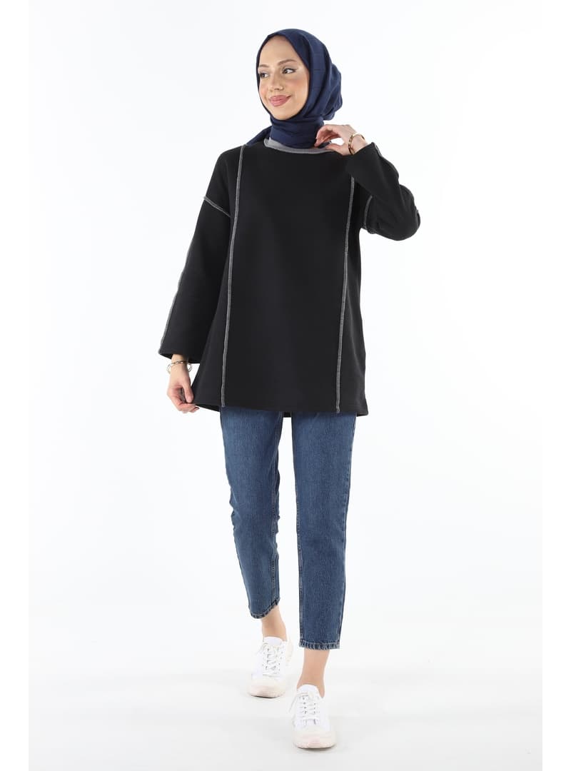 Şardonlu Karyoka Dikişli Basic Sweatshirt Siyah