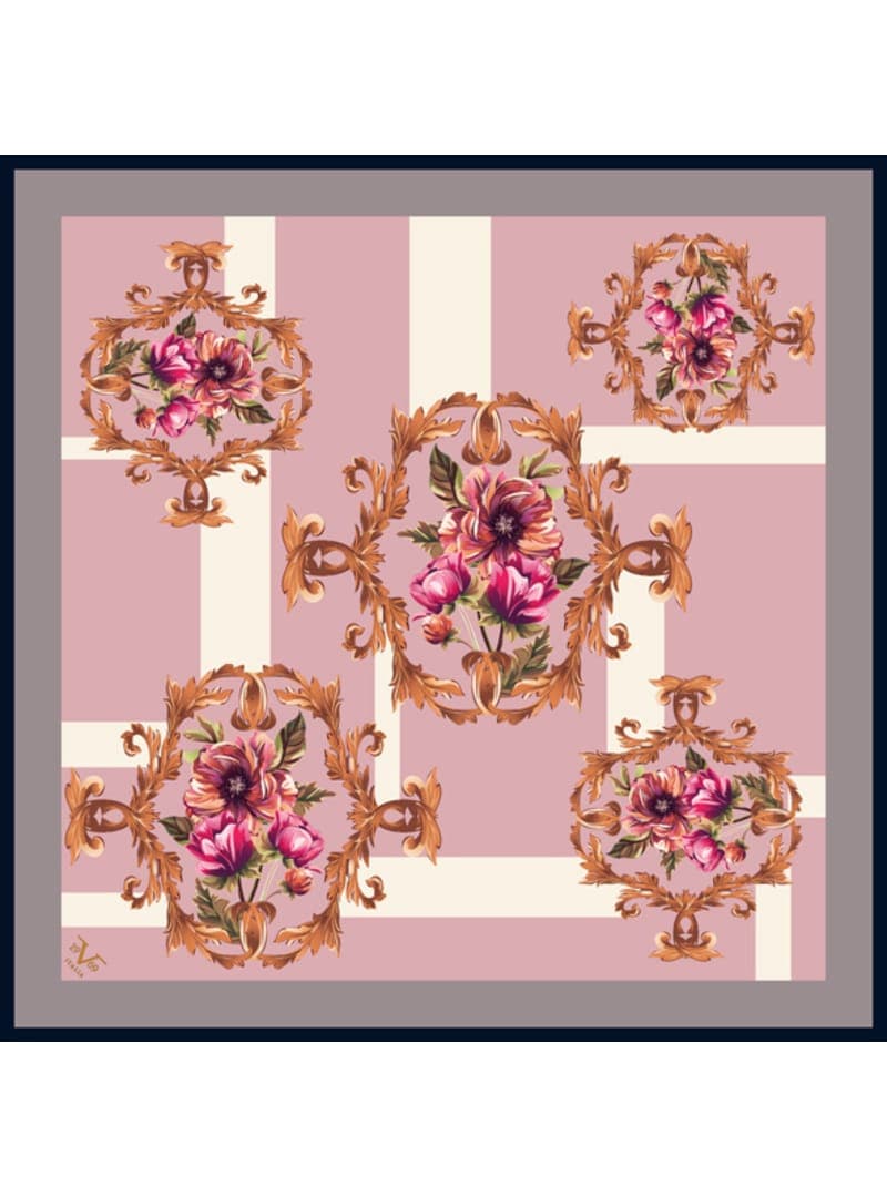 Barok Çiçek Desenli Eşarp Gri Pembe