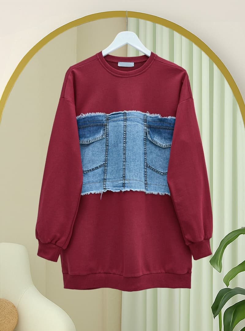 Kot Detaylı Bordo Sweatshirt