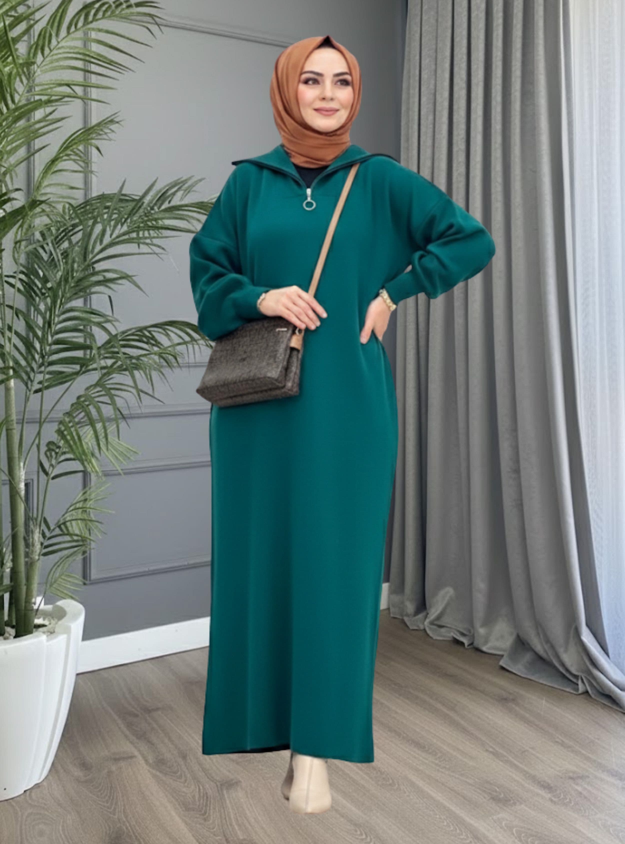 Triko Tesettür Elbise Yeşil