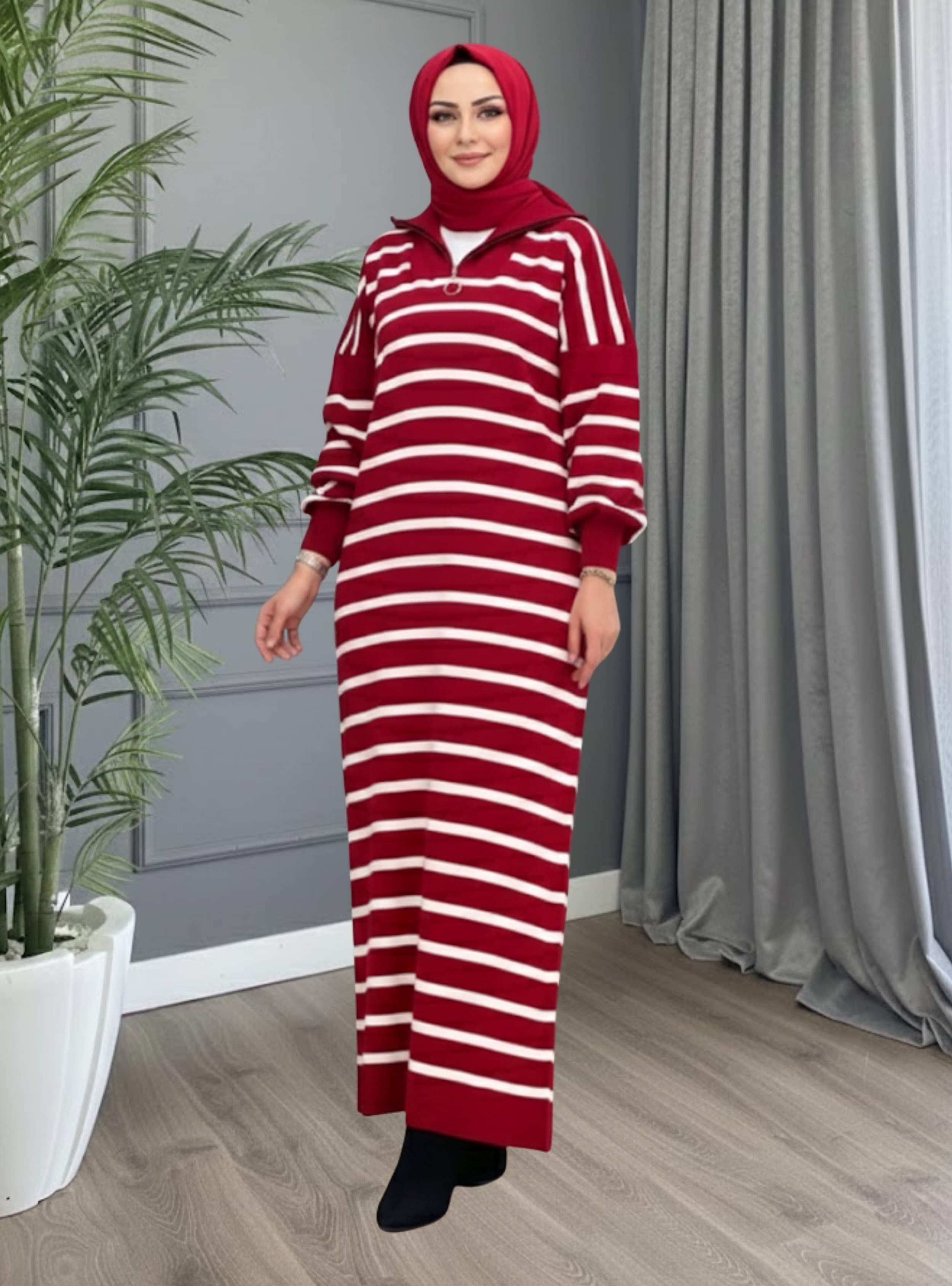 Triko Çizgili Tesettür Elbise Kırmızı
