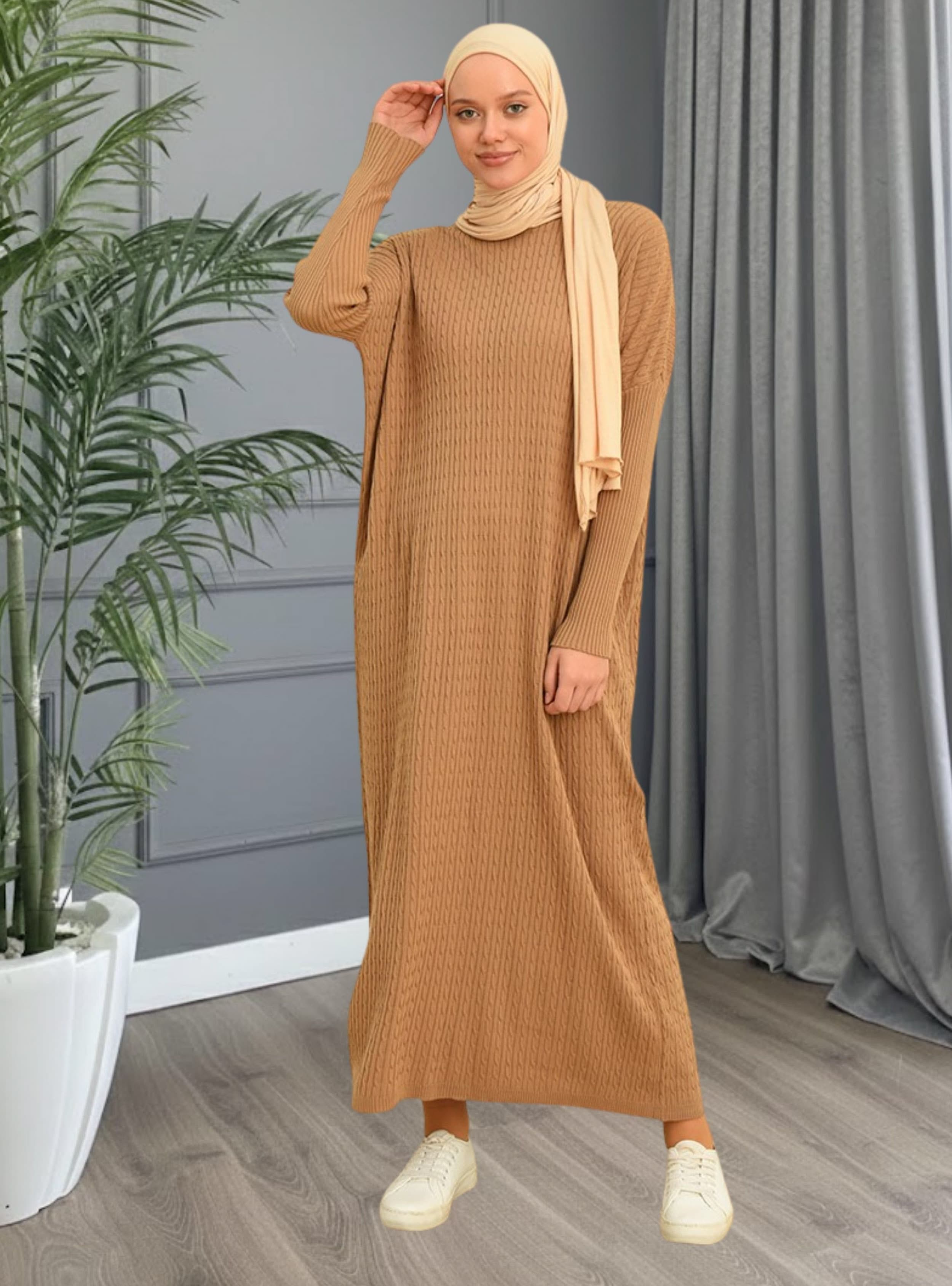 Triko Tesettür Elbise Camel