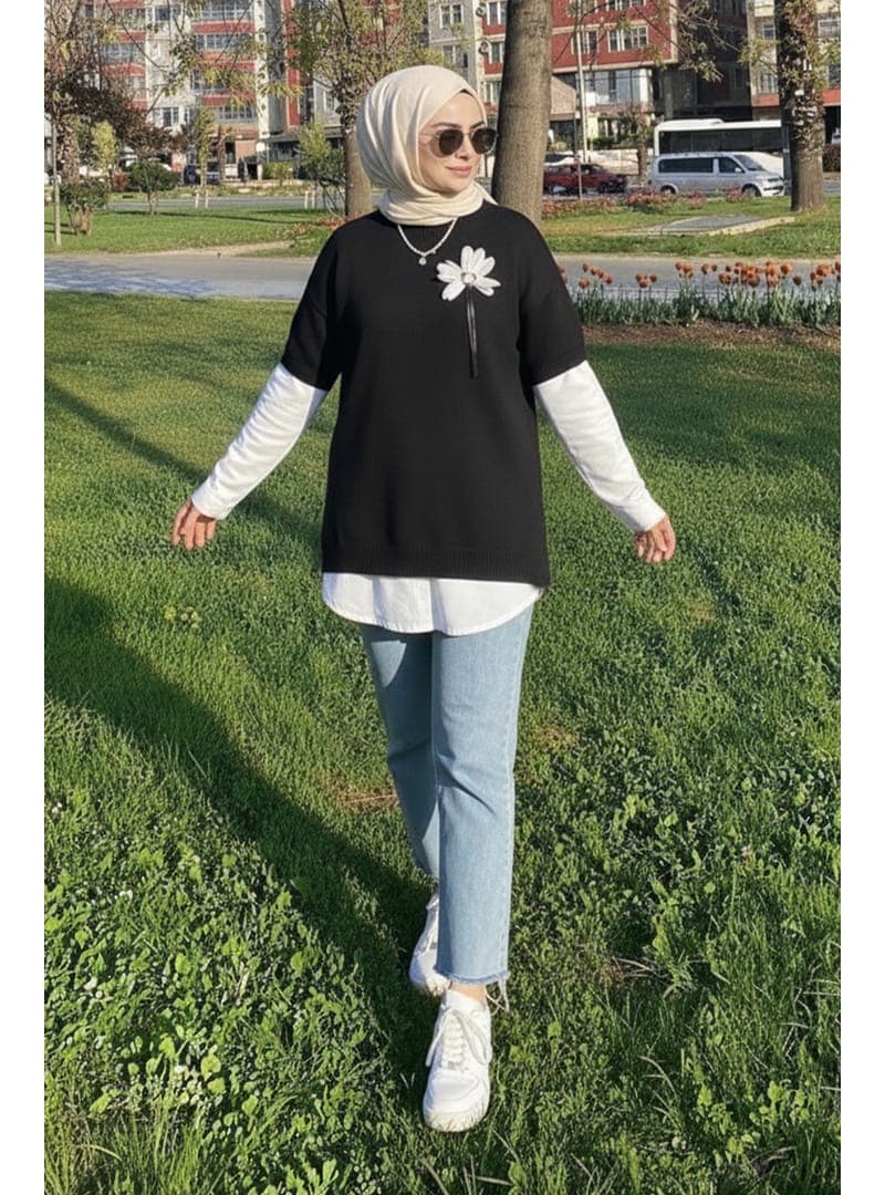 Fitilli Oversize Triko Süveter Siyah