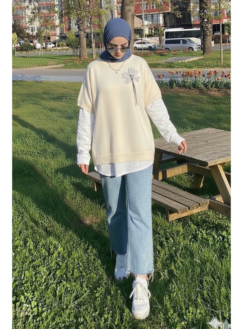 Fitilli Oversize Triko Süveter Taş Rengi