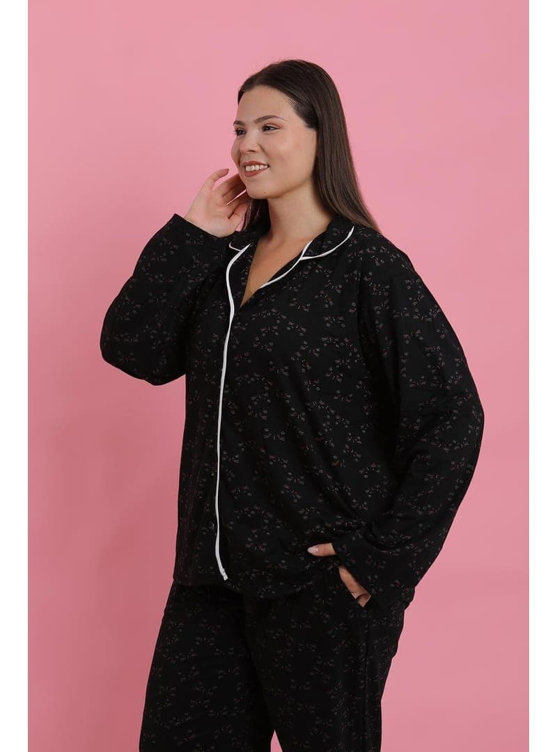 Akbeniz Kadın Büyük Beden Siyah Beyaz Biyeli Desenli Düğmeli Pijama Takımı