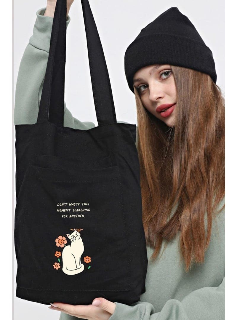 Kedi Baskılı Gabardin Çanta Siyah