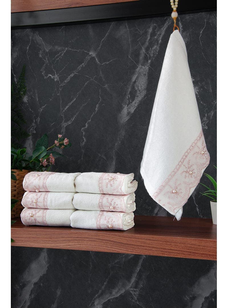 %100 Pamuklu Kadife Güpürlü İnci Işlemeli 6 lı Çeyizlik El Yüz Havlu Seti 30x50 cm Pembe