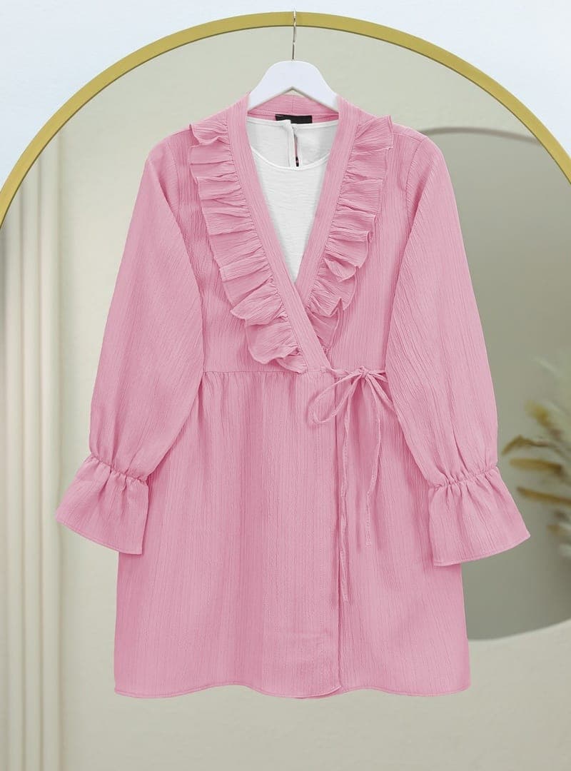 Fırfırlı Bağlamalı Krinkıl Kimono Pembe