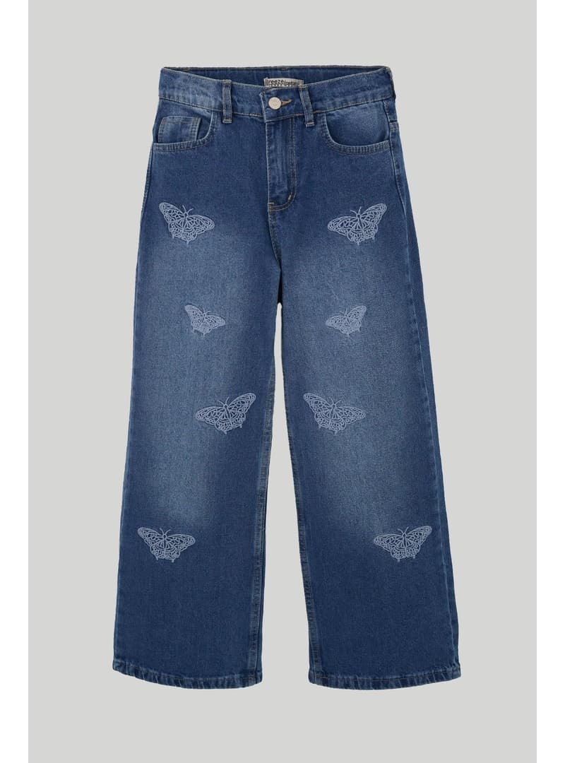 Kelebek Nakışlı Geniş Paça Jean Pantolon - Mavi