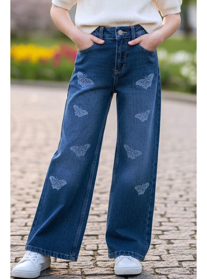 Kız Çocuk Jean Pantolon Kelebek Nakışlı Geniş Paça Mavi