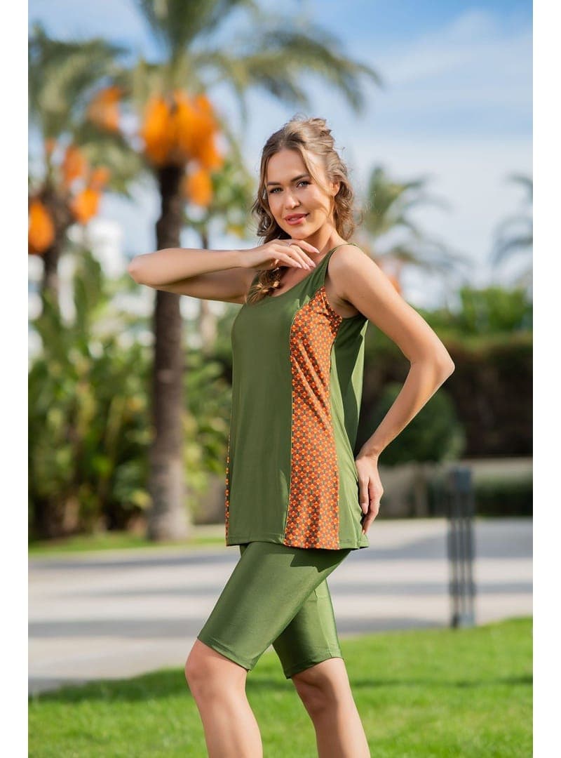 Rukomayo Yeşil Desenli OmuzdAN Askılı Lycra Kumaş Taytlı Tankini